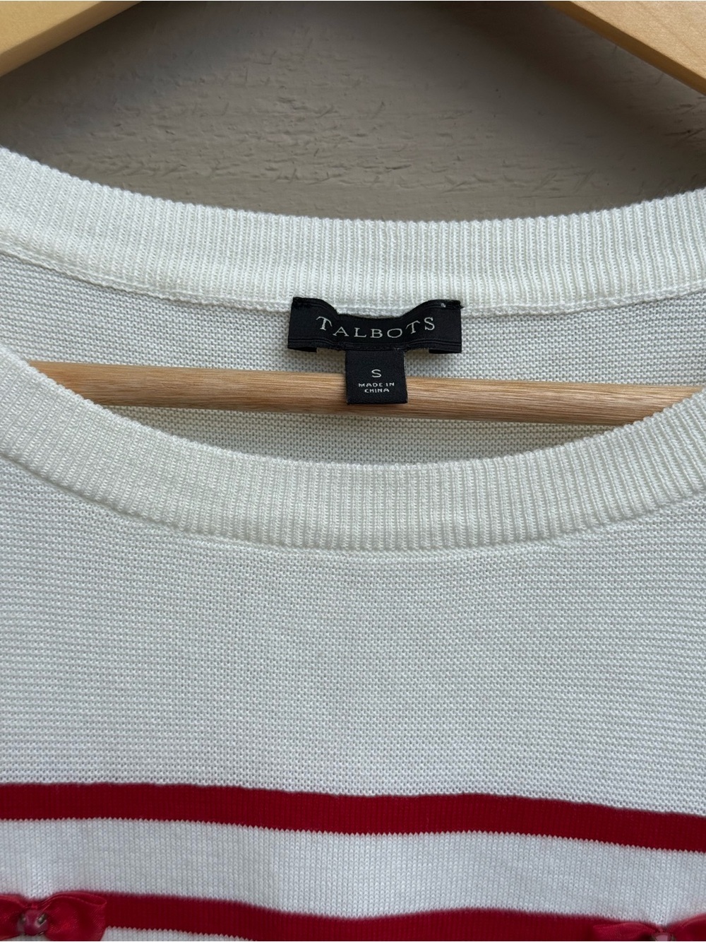 Talbots Red & Ivory Striped Bow Sweater Small Nautical 3/4 Sleeve - Picture 2 of 7